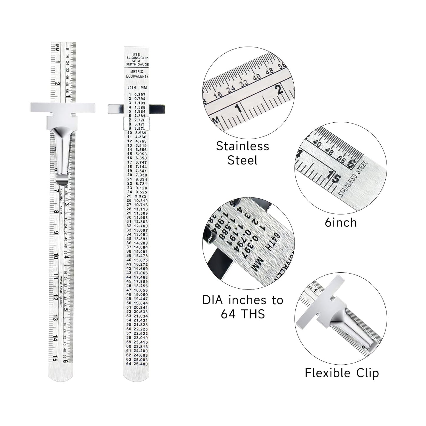 UK Pocket Ruler Stainless Steel & Detachable Clips, Double Side, Imperial & Metric