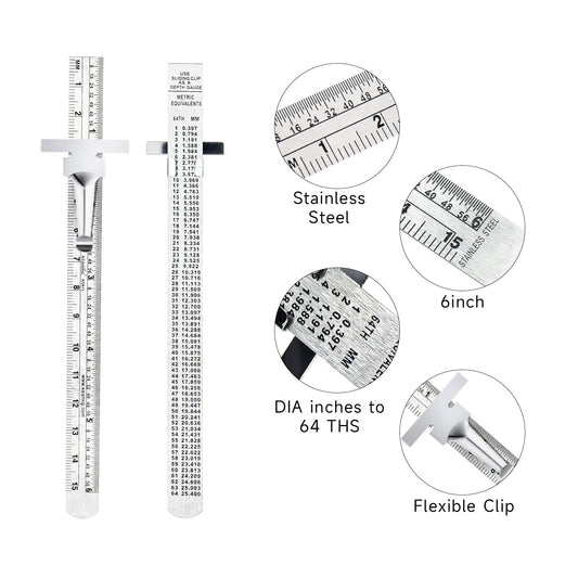 UK Pocket Ruler Stainless Steel & Detachable Clips, Double Side, Imperial & Metric